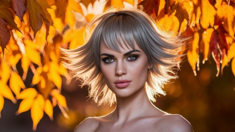 Model with short hair surrounded by autumn leaves.