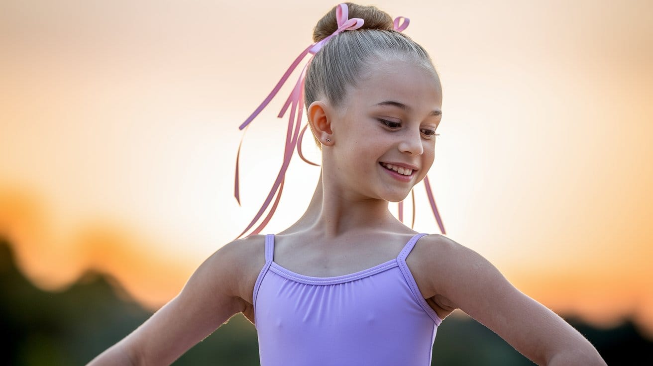Girl in purple ballet outfit smiling at sunset.