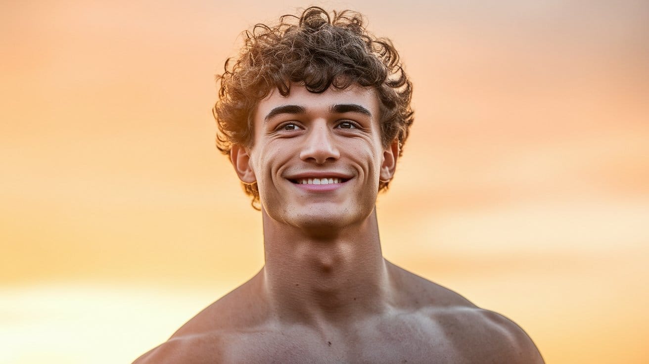 Smiling person with curly hair at sunset.