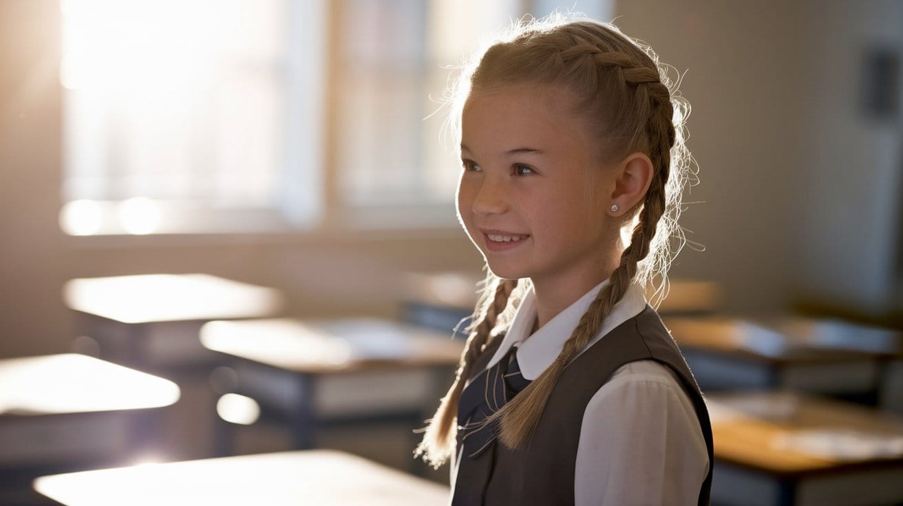 Smiling girl with braids in a classroom setting.