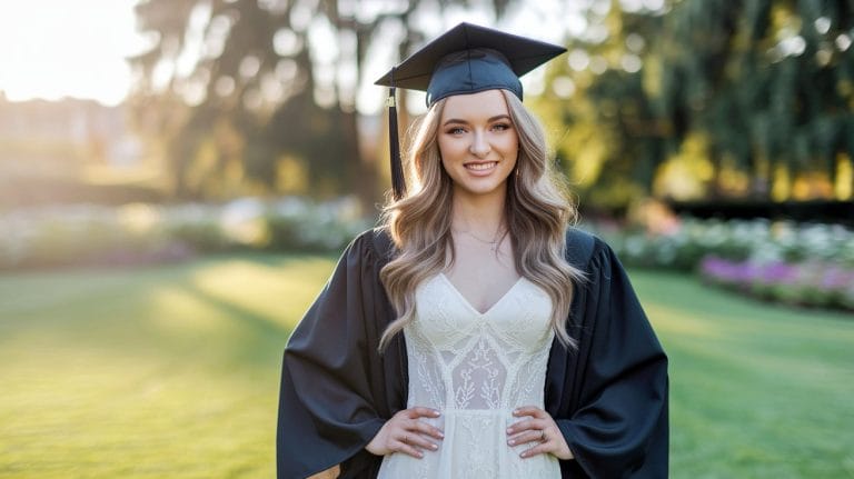 Smiling graduate outside in cap and gown.
