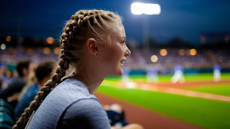 Smiling woman watching a nighttime baseball game.