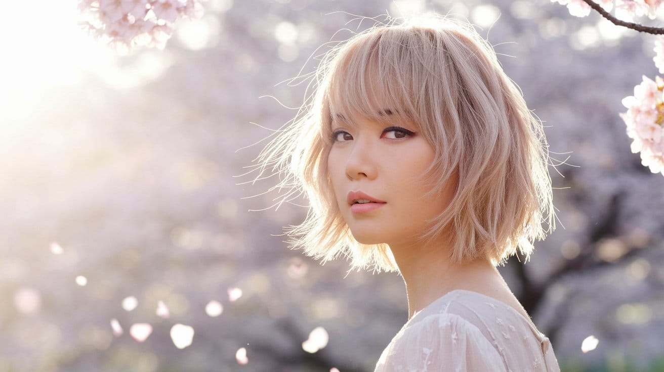 Woman with short hair, cherry blossoms in background.