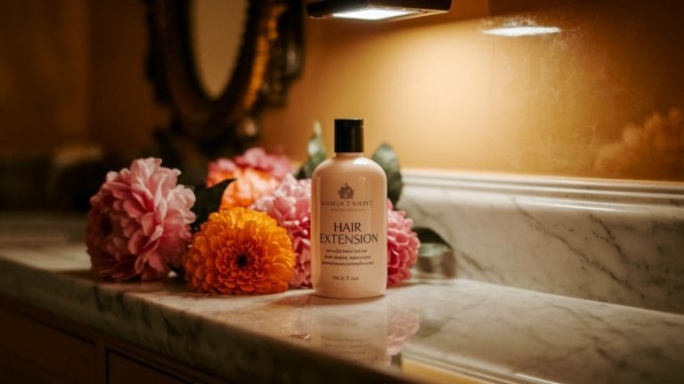 Hair extension bottle with flowers on marble counter.