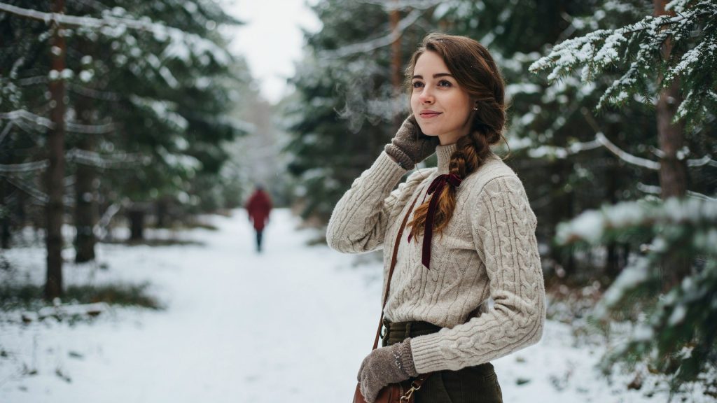 a woman with beautiful december hairstyle in a december scenery